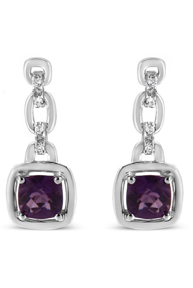 6x6MM Cushion Shaped Natural Purple Amethyst and Diamond Accent Earrings